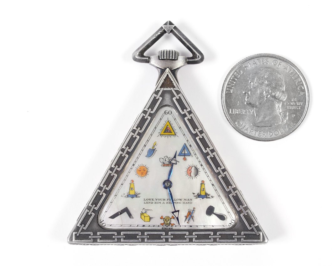 TEMPOR WATCH CO. TRIANGULAR MASONIC POCKET WATCH: TEMPOR WATCH CO. TRIANGULAR MASONIC POCKET WATCH: Schwab-Loeillet Swiss sterling case with Masonic decoration, mother of pearl dial with more Masonic emblems. Tempor Watch Co. Mechanical Swiss 15 jewe