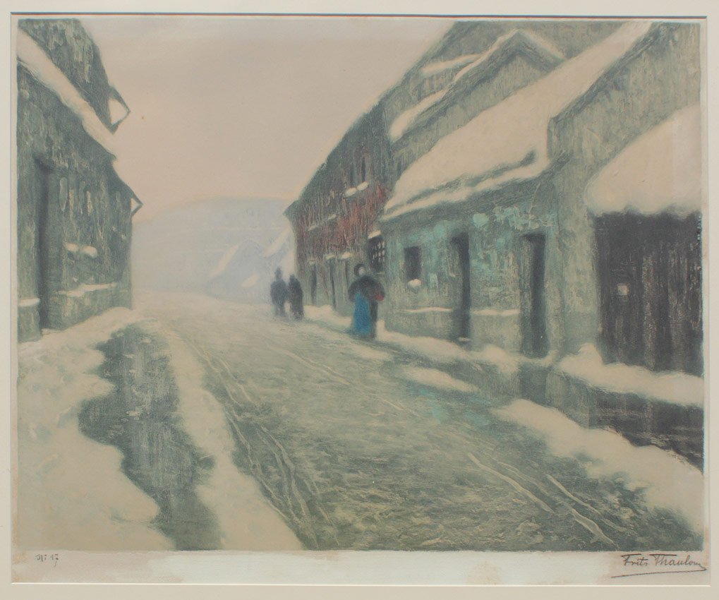 FRITS THAULOW "TOVAER" ETCHING: THAULOW, Frits, (Norwegian, 1847-1906): "Tovaer", Depicts Figures on a Snowy European Street, Etching/Aquatint, Sight size 19 1/2" x 23 1/2", pencil signed lower right, illegible numbering lower left,