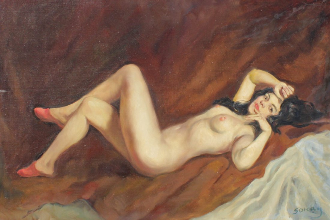 SOKAY RECLINING FEMALE NUDE PAINTING: SOKAY RECLINING FEMALE NUDE PAINTING: Oil/Canvas, 24" x 36", deep dish frame 31" x 43" x 2 1/2"deep.