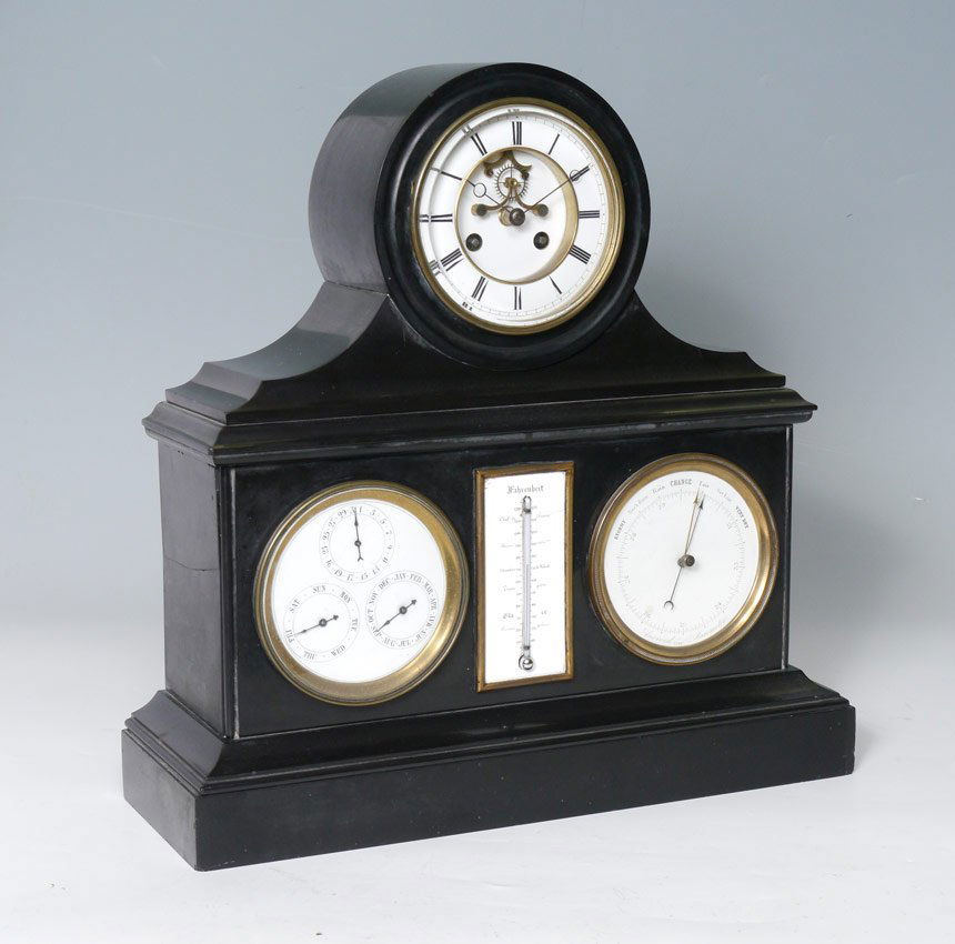 FRENCH SLATE MANTLE CLOCK WITH BAROMETER: FRENCH SLATE MANTLE CLOCK WITH BAROMETER: Black slate case with 3 separate porcelain dials and thermometer. Top dial is the clock with Roman numerals and open escapement. Unsigned French time and stri