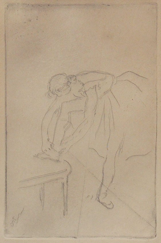 EDGAR DEGAS BALLERINAS ETCHING: DEGAS, EDGAR, (French, 1834-1917): ''Ballerina Tying her Shoes'', Etching, Sight size 7 1/2" x 5 1/8", signed in the plate, gold frame with wear 11 1/4" x 8 1/4".