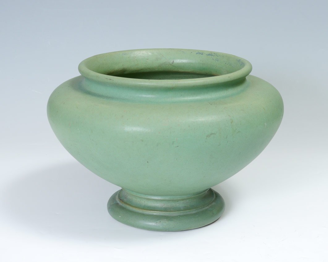 LARGE TECO GREEN JARDINIERE FORM 144: LARGE TECO GREEN JARDINIERE FORM 144: Designed by Fritz Albert, stamped once on base with incised 144 form number. 10'' h. x 15 1/2'' dia.
