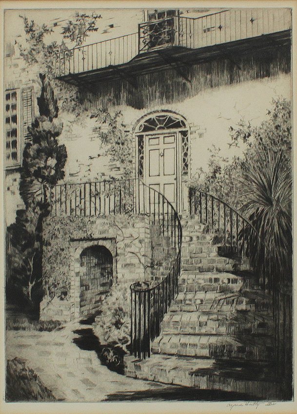 ALFRED HUTTY ETCHING: HUTTY, Alfred, (American, 1877-1954): ''Doorway on Tradd Street'', Etching, Sight size 11'' x 8 1/4'', pencil signed lower right, encased in black frame, 18 1/4'' x 14 1/2''. Doris Baker-Mansergh Esta