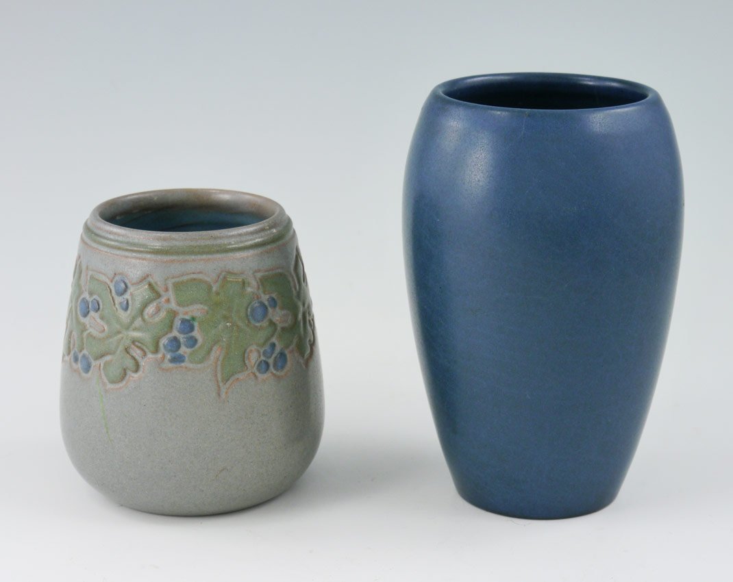 2 PIECE MARBLEHEAD POTTERY VASES: 2 PIECE MARBLEHEAD POTTERY VASES: To include 1) Grey outer glaze with incised foliate motif decoration, impressed stamp. 3 5/8'' h. x 3 1/4'' dia. 2) Blue matte glaze ovoid form, 5 1/4'' h. x 3 1/4''.