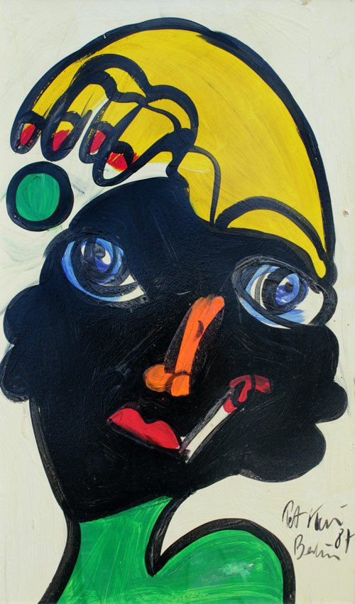 PETER KEIL JESTER PAINTING: KEIL, Peter, (German, 1942- ): "Jester", Oil/Masonite, 39 1/2" x 24", signed lower right, dated '87, illegibly signed verso, encased in silver gilt frame with wear, 44" x 27 1/2".