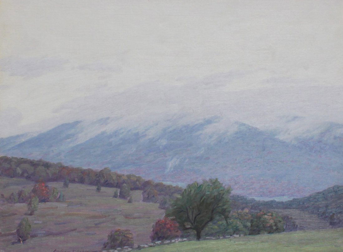 ANDREW SCHWARTZ LANDSCAPE PAINTING: SCHWARTZ, Andrew Thomas, (American, 1867-1942): Mountain Valley Landscape, Oil/Canvas board, Sight size 14" x 19", signed lower left, contemporary silver gilt frame with some wear, 21 1/4" x 27 1/2".