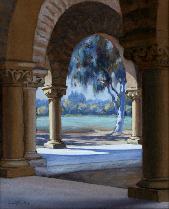 CHLOE STARKS PAINTING SAN JUAN MISSION: STARKS, Chloe Lesley, (American, 1866-1952): Mission, San Juan, Capistrano, Watercolor and Gouache, sight size 11'' x 9'', signed lower left, framed, 22'' x 18''.