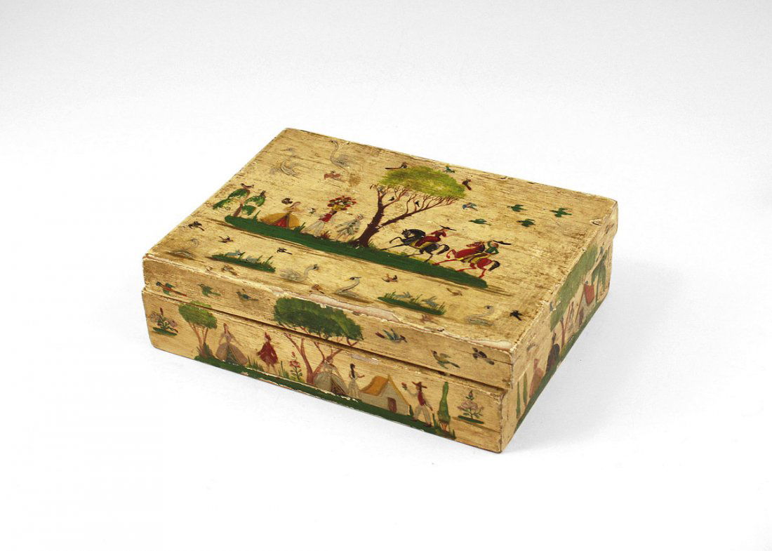 SALVADOR CORONA PAINTED BOX: CORONA, Salvador, (Mexican-American, 1895-1984): Folk Art Painted/Lidded Box, 1 3/4" h, 4 1/2" d, 6 3/4" w., top and 3 sides have painted scenes of Mexican figures, inside the box are 2 old business c