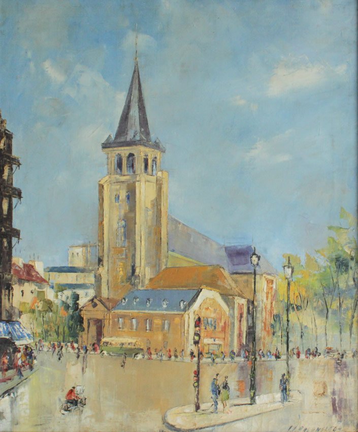 BALENCIAGA PARISIAN STREET SCENE PAINTING: BALENCIAGA PARISIAN STREET SCENE PAINTING: Oil/Canvas, 24 1/4" x 20", signed lower right, signed and titled verso Paris (S.P. Germain-Des-Pres), framed 28" x 24".
