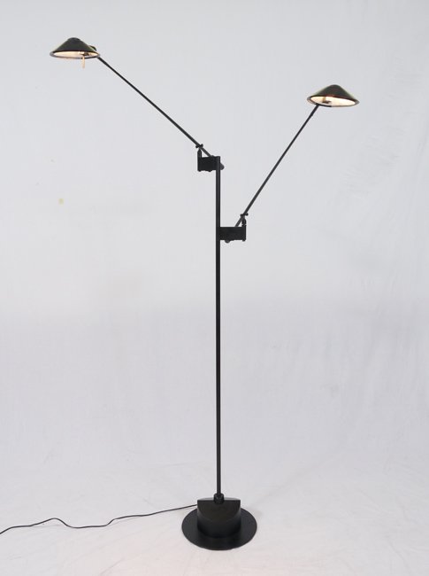 ROBERT SONNEMAN FOR GEORGE KOVAS FLOOR LAMP: ROBERT SONNEMAN FOR GEORGE KOVAS FLOOR LAMP: Double adjustable arm halogen floor lamp designed by Robert Sonneman for George Kovas. Label on base. In most compact setting 60" h. x 30 1/2".