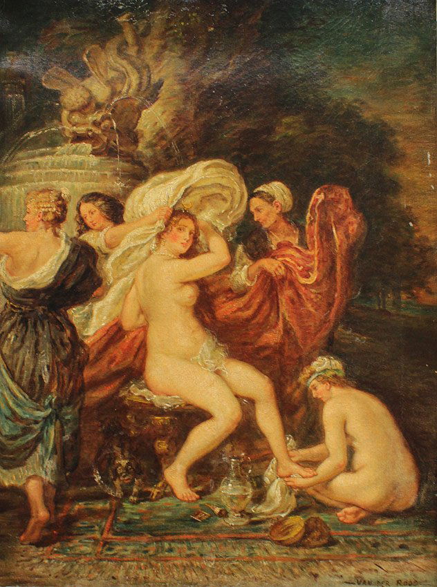 EARLY MASTER STYLE PAINTING OF A FEMALE NUDE: EARLY MASTER STYLE PAINTING OF A FEMALE NUDE WITH ATTENDANTS: Oil/Canvas, circa 1900, 24" x 18 1/4", signed lower right Van der Ruse, encased in a pierced carved and gilded frame with wear and repair,