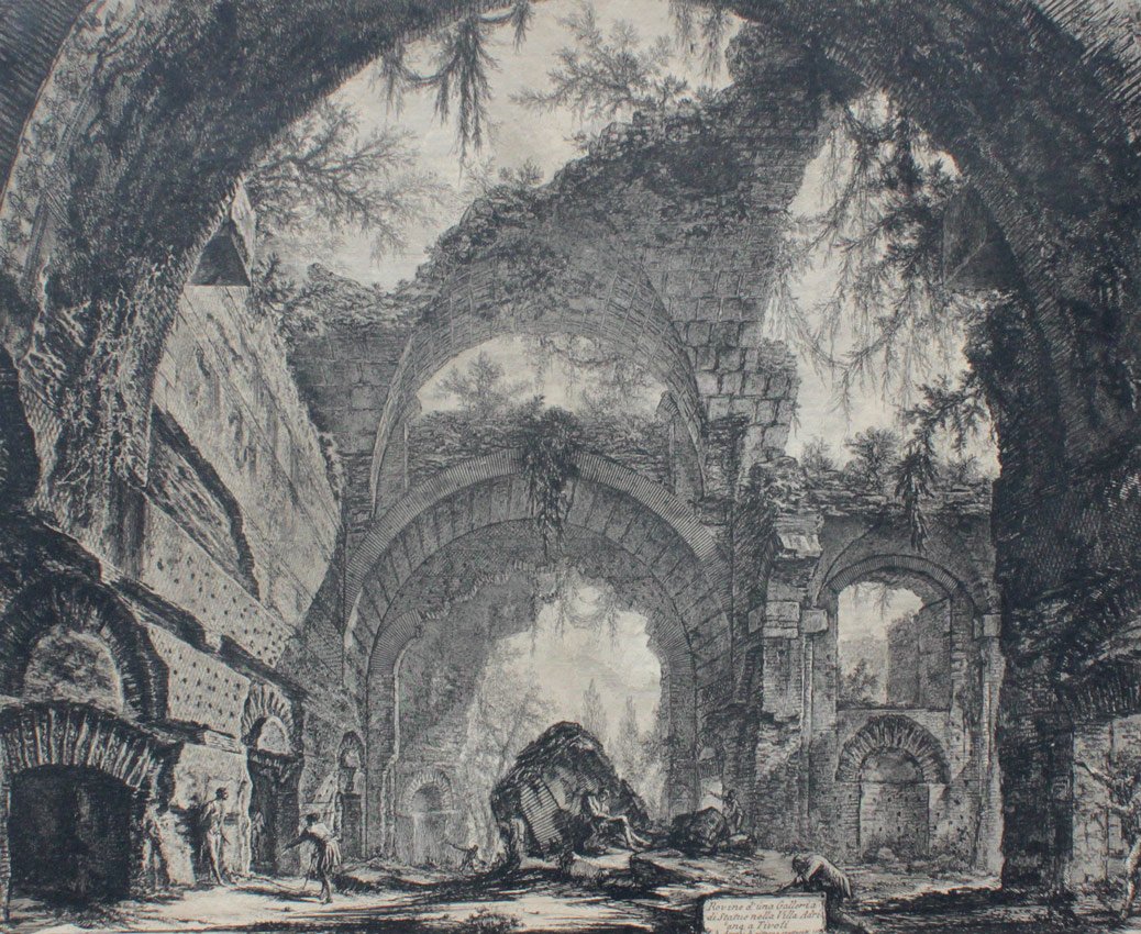 GIOVANNI PIRANESI ETCHING: GIOVANNI PIRANESI ETCHING ROVINE: Sight size 18 1/4" x 23 1/2", not examined out of the frame, contemporary silver gilt frame with wear, 27 1/2" x 32 1/4".