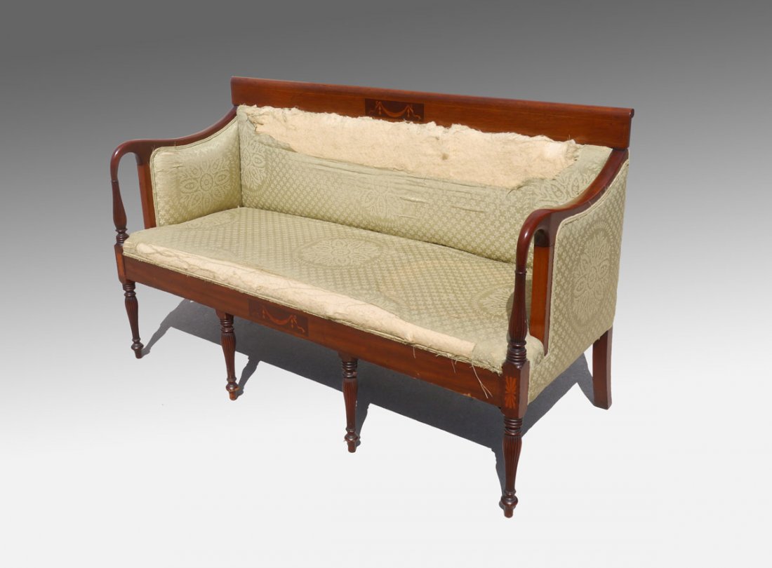 19TH CENTURY INLAID SHERATON SETTEE: 19TH CENTURY INLAID SHERATON SETTEE: Inlaid top rail and skirt with floral garland motif. Shaped arms with swan neck hand holds over fluted supports. Fluted and turned front legs. 36 1/4" h. x 60 1/2"