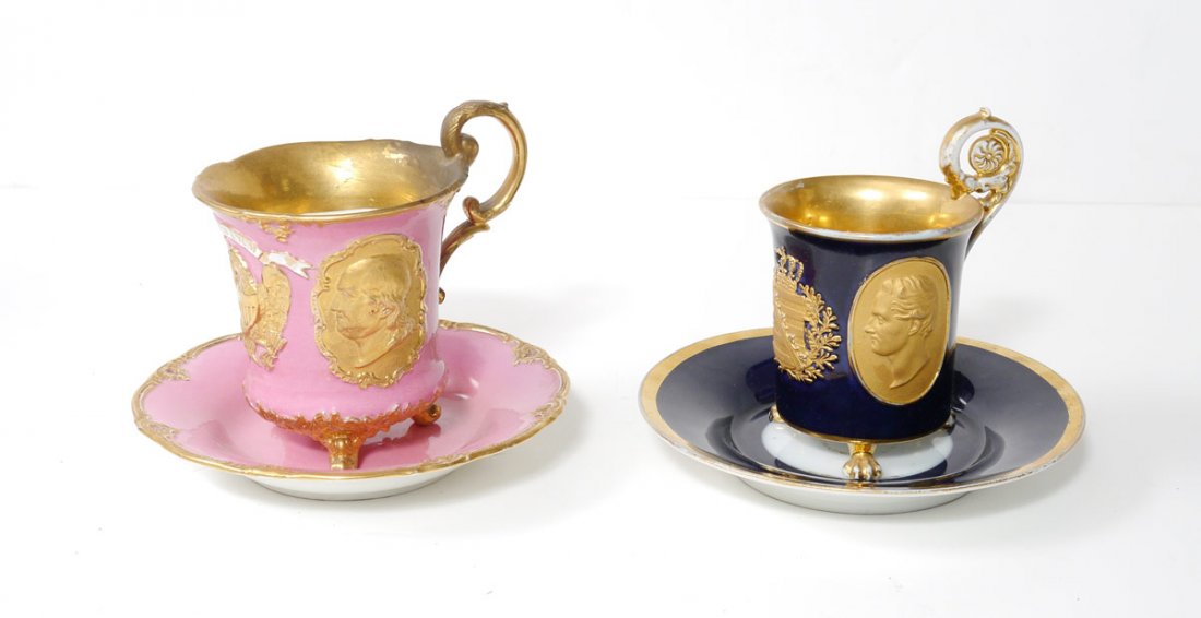 MEISSEN WASHINGTON & FRANKLIN CUP PLUS ANOTHER: MEISSEN WASHINGTON & FRANKLIN CUP PLUS ANOTHER: 4 pieces total to include 1-2) Parcel gilt portraits in profile of George Washington and Benjamin Franklin with American eagle and motto. Pink ground, o