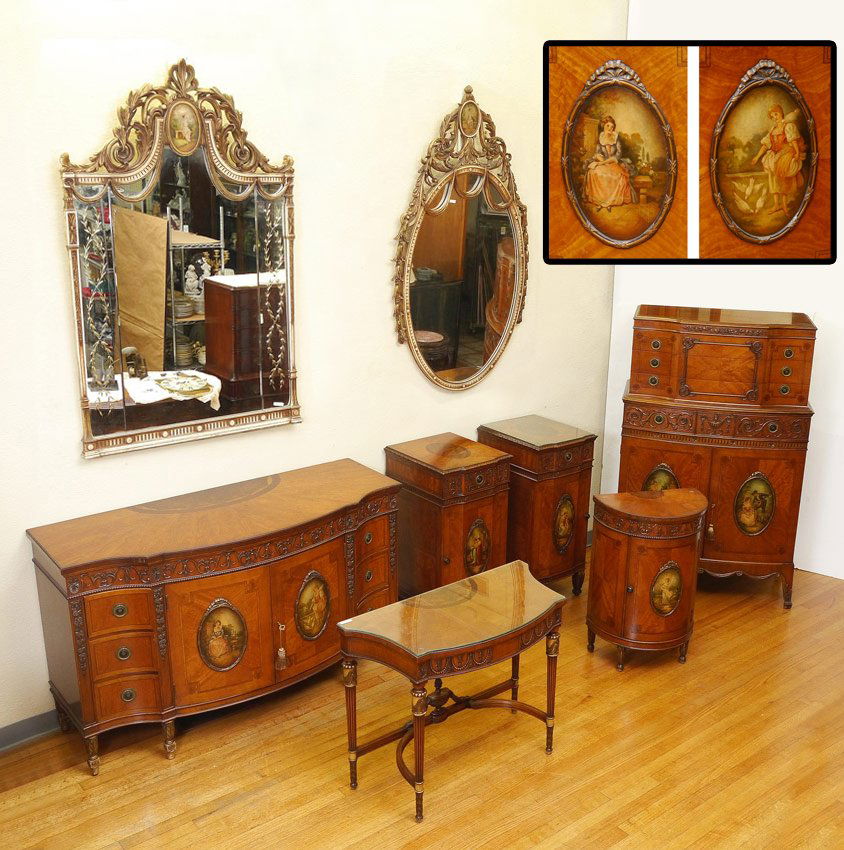 ELEGANT PAINT DECORATED BEDROOM FURNITURE: ELEGANT PAINT DECORATED BEDROOM FURNITURE: Circa 1920's by Royal Furniture, Robert Irwin Co. Richly adorned with festoon and fluted carvings with painted panels of young women. Comprising TALL CHEST (
