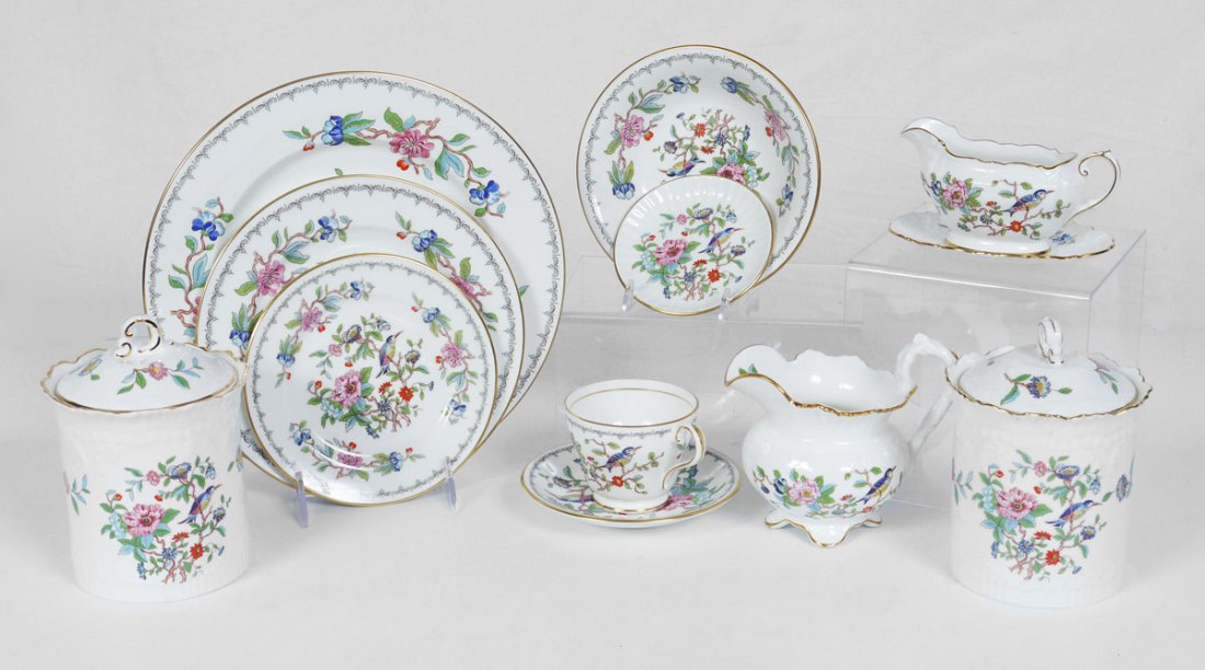 AYNSLEY "PEMBROKE" FINE CHINA: AYNSLEY "PEMBROKE" FINE CHINA: Approx. 81 pieces to include 14 dinner plates, 12 salad plates, 14 bread plates, 6 soup/cereal bowls, 17 cups, 14 saucers, cream pitcher, individual gravy with saucer, 2