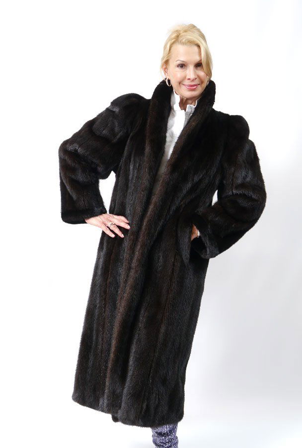 FULL LENGTH RANCH MINK REVERSIBLE / RAIN COAT: FULL LENGTH RANCH MINK REVERSIBLE / RAIN COAT: Black mink reverses to waterproof. 46" length collar to cuff.