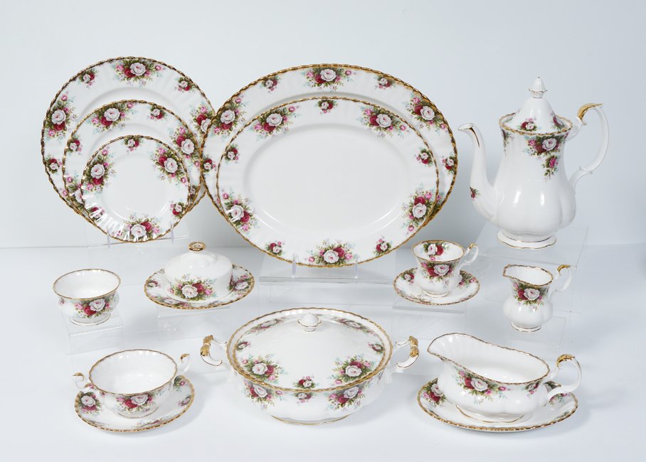 98 pc ROYAL ALBERT CELEBRATION FINE CHINA: ROYAL ALBERT CHINA "CELEBRATION" SERVICE FOR 12 PLUS: 98 pieces to include 24 dinner plates (10 1/4"), 12 salad plates, 12 bread plates, 12 cream soups, 12 underplates, 12 coffee cups with saucers, 2 