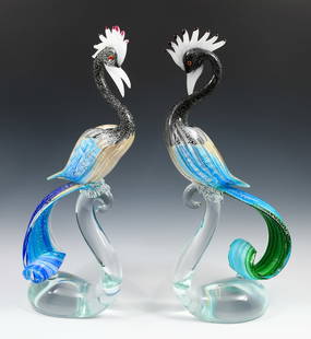 PR MURANO DANILO ZANELLA GLASS CRESTED CRANES: PR OF MURANO DANILO ZANELLA GLASS CRESTED CRANE SCULPTURES: Pair of large Murano art glass Bird sculptures, by Danilo Zanella, having Colorful bodies accented by Silver foil throughout. Both signed
