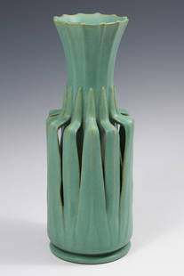 RARE TECO POTTERY 1905 MODEL #58 VASE: RARE TECO POTTERY 1905 MODEL #58 VASE: Rare reticulated multi-leaf vase, Terra Cotta, IL, ca. 1905. Designed by William J. Dodd. Stamped TECO twice, at the underside. Approx. 11.25" h x 4.375" dia.