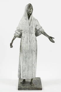 DAVID BACKHOUSE HOODED FIGURE BRONZE: BACKHOUSE, David, (English, b. 1941): Hooded Figure, Bronze, 26.5" in height, 27.5" overall with plinth, plinth measures 8.25" x 10", incised signature.