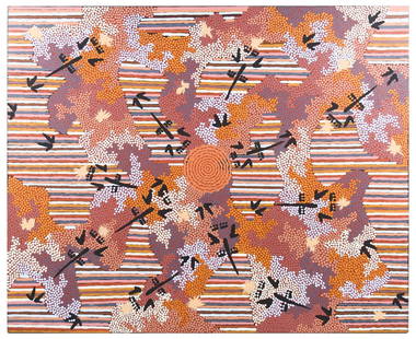 IMPORTANT CLIFFORD POSSUM TJAPALTJARRI PAINTING: TJAPALTJARRI, Clifford Possum, (Australian, 1932-2002): Aboriginese Abstract Composition, Polymer/Canvas, 39.5" x 48", unframed, signed verso, inscribed #1192. Accompanied by a vintage photograph of