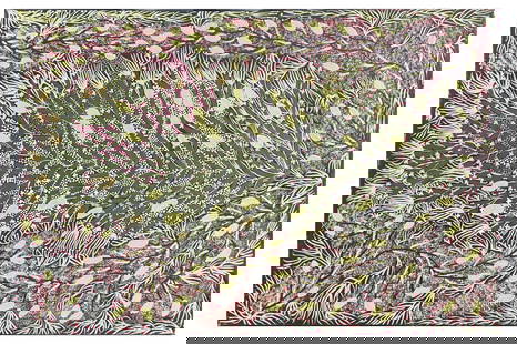 ABORIGINAL PAINTING BY EUNICE NAPANGARDI: NAPANGARDI, Eunice, (Australian, c.1950-2005): "Uparli - Bush Banana Dreaming", Oil/Canvas, 24" x 36", stencil on canvas verso from the Aboriginal Gallery of Dreamings indicating stock number 1612,