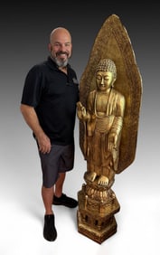 NEAR LIFE-SIZE CARVED & GILT WOOD BUDDHA