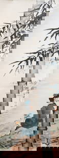 BEIHONG XU SCROLL PAINTING: XU, Beihong, (Chinese, 1895-1953): Man Sitting in a Bamboo Grove, Watercolor and Ink, image size 38.5" x 13", signed in the right margin, scroll measures overall 79" x 19". Sold with a letter from Xu
