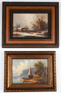 TWO CELESTINE BRUGNER LANDSCAPE PAINTINGS: BRUGNER, Celestine, (German, 1824-1887): Two Oils/Board: 1) Winter Village Landscape with Figures, sight size 5” x 7.5”, signed lower left, framed, 9.75” x 12.25”; 2) Fishing