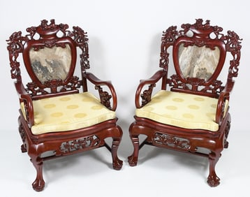 CARVED ASIAN MARBLE & ROSEWOOD ARMCHAIRS