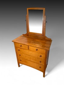 L. & J.G. STICKLEY OAK MIRRORED 5- DRAWER DRESSER