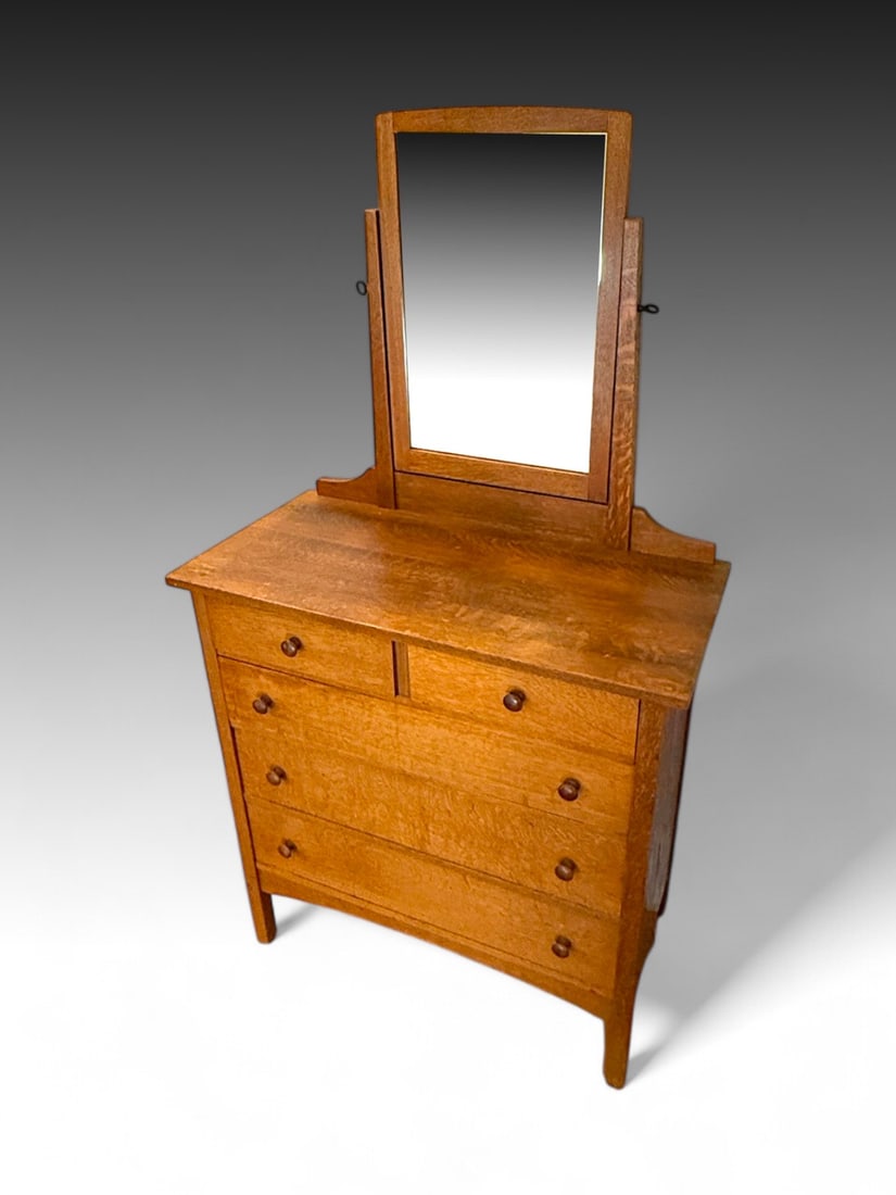 L. & J.G. STICKLEY OAK MIRRORED 5- DRAWER DRESSER (1 of 3)