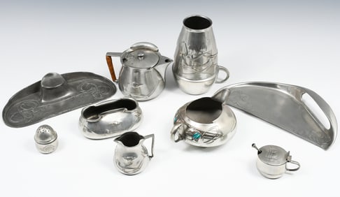 9 PC. PEWTER: ARCHIBAL KNOX FOR TUDRIC & ENGLISH