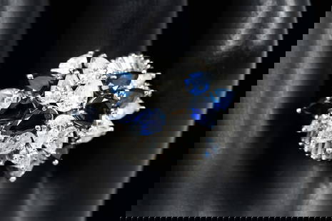 ELEGANT 14K PLATINUM SAPPHIRE & DIAMOND RING: ELEGANT PLATINUM SAPPHIRE & DIAMOND RING: Platinum ring contains (17) pear brilliant cut (20) baguette cut diamonds. WEIGHT: 3.00 Ct. Approx. Rated VS in clarity and G-H in color. (8) pear cut