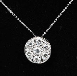14K WHITE GOLD DIAMOND PENDANT 20" PLAT/DIA CHAIN: 14K WHITE GOLD DIAMOND PENDANT 20" PLAT/DIA CHAIN: This magnificent diamond cluster 14K white gold pendant on a 20" platinum chain contains 7 round brilliant cut diamonds. WEIGHT: approximately 2.78