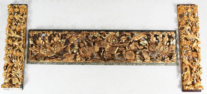 3 PC. CHINESE CARVED & GILT WOOD FIGURAL PANELS: 3 PC. CHINESE CARVED & GILT WOOD FIGURAL PANELS: