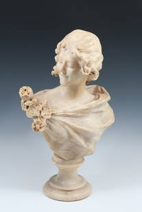 ALABASTER BUST OF A YOUNG LADY: ALABASTER BUST OF A YOUNG LADY: Bust of a Young Woman with an Interested Expression, 20” in height overall with rounded plinth, no visible signature.
