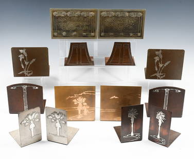 7 SETS OF ARTS & CRAFTS BOOKENDS HEINTZ ART METAL: 7 SETS OF ARTS & CRAFTS BOOKENDS HEINTZ ART METAL ETC: Comprising; 2- sets of Heintz Art with a Silver Palm Tree Overlay motif, 1- set of Heintz Art, #7165 with a Solver stylized overlay design, 1-