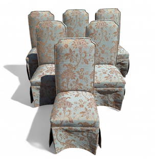 6 PC. FLORAL PATTERN "CHRISTINA" DINING CHAIRS: 6 PC. SET OF FLORAL PATTERN "CHRISTINA" DINING CHAIRS: A beautiful set of Six "Christina" Floral upholstered chairs, by Container Marketing Co. of Georgia. Approx. 43.5" h x 20" w x 26" d. Seat