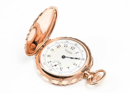 14K ROSE GOLD ELGIN HUNTER CASE POCKET WATCH: 14K ROSE GOLD ELGIN HUNTER CASE POCKET WATCH: Circa 1894, size 0 hunter case with curved stripe pattern, fancy white black and gold dial, 15 jewel movement, pendant wind and set, serial #5958851. No c