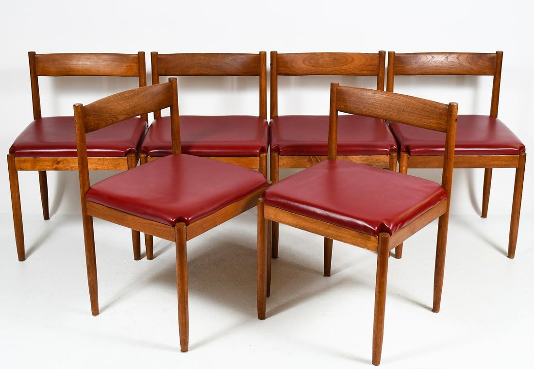 6 PC. MID CENTURY MODERN DANISH TEAK DINING CHAIRS: 6 PC. MID CENTURY MODERN DANISH TEAK DINING CHAIRS: A set of Six Mid Century Modern Danish Teak Dining Chairs in the manner of Frem Rojle Mobelfrabik, Red Faux Leather upholstery. Approx. 29.625" h x