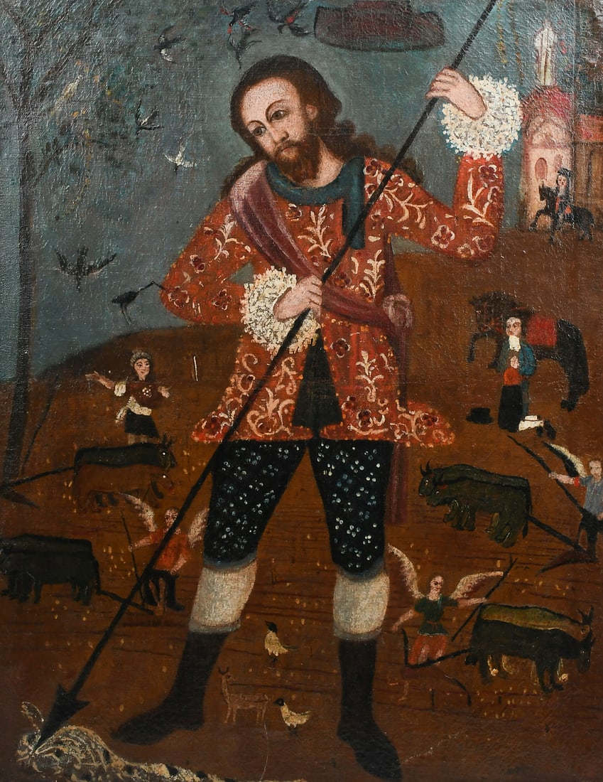 EARLY PERUVIAN SCHOOL PAINTING OF ST. ISIDORE: EARLY PERUVIAN SCHOOL PAINTING OF ST. ISIDORE THE FARMER: Oil/Canvas, approximately 30" x 24", thin-edge wood frame, 32" x 25.25".