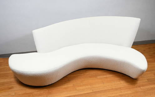 VLADIMIR KAGAN BILBOA SCULPTURAL SOFA W/ BOUCLE: VLADIMIR KAGAN BILBOA SCULPTURAL SOFA W/ BOUCLE FABRIC: A Newly Boucle fabric upholstered Serpentine Bilboa Mid-Century Modern Sofa by Vladimir Kagan. Approx. 38.25" h x 98.5" w x 55.5" d.