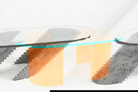 MILO BAUGHMAN GLASS TOP BURLWOOD COFFEE TABLE: MILO BAUGHMAN GLASS TOP BURLWOOD COFFEE TABLE: Mid-Century Modern Glass top Burlwood Coffee Table with Two Arch form bases. Approx. 16.325" h x 43.75" l x 24" w.