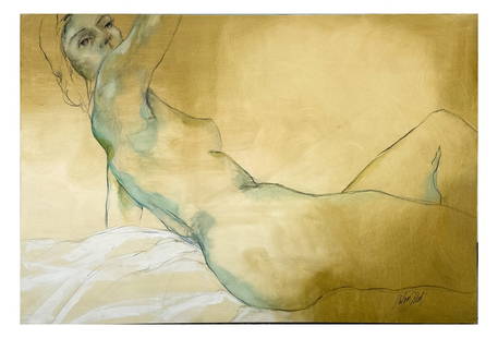 AUBREY NIBERT ''RECLINING NUDE'' PAINTING: NIBERT, Aubrey, (American, b. 1986): Female Reclining Nude, Oil/Canvas, 24'' x 36'', signed lower right, unframed.