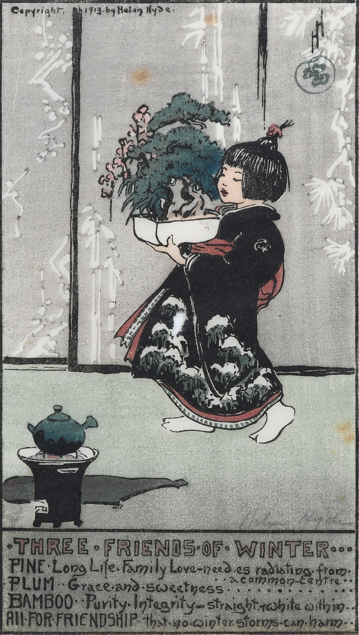 HELEN HYDE JAPANESE WOODBLOCK PRINT: HYDE, Helen, (Japanese/American, 1868-1919): "Three Friends of Winter", Japanese Woodblock Print, sight size 8.5" x 4.75", monogrammed and stamped upper right, dated 1913 in upper left margin, framed,