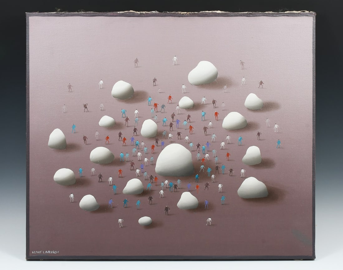 ORIGINAL KURT LARISCH PAINTING "QUO-VADIS OPUS 186": LARISCH, Kurt, (Austrian/Mexican, 1913-2009): “Quo Vadis-Opus 186”, Abstract Landscape with Larisch’s signature Little People Clustered around Piles of Snow, Oil/Canvas, 23.75” x 27.75
