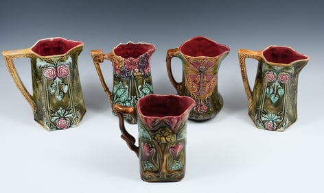 5 PC. FRENCH FRIE ONNAING MAJOLICA PITCHERS