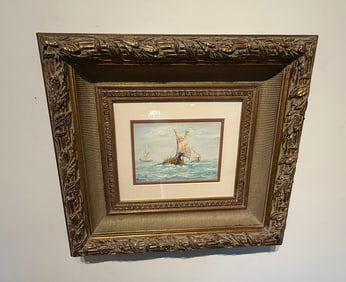 RENE DE QUELIN VIKING SHIPS AT FULL SAIL PAINTING